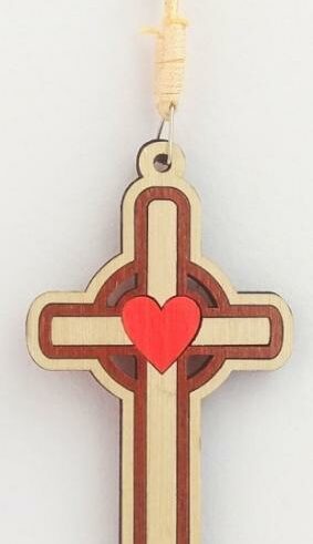 810013850314 Wooden Red Heart Hanging Car Cross
