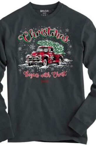 612978635438 Kerusso Christmas Tree Truck Christmas Begins With Christ (Large T-Shirt)