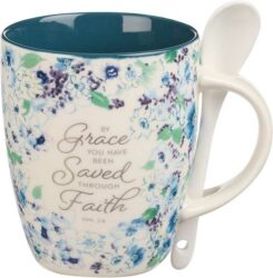 1220000139640 Coffee and Tea Mug with Ceramic Spoon Set for Women: By Grace You Have Been Save