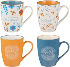 6006937151833 Floral Ceramic Coffee and Tea Mug Set: In All Things Give Thanks: Thankful