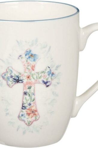 1220000323797 Encouraging Ceramic Coffee & Tea Mug for Women: Pink & Light Blue Floral Cross