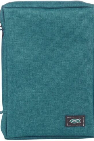6006937139633 Teal Canvas Bible Cover for Men and Women with Jesus Fish Symbol Applique